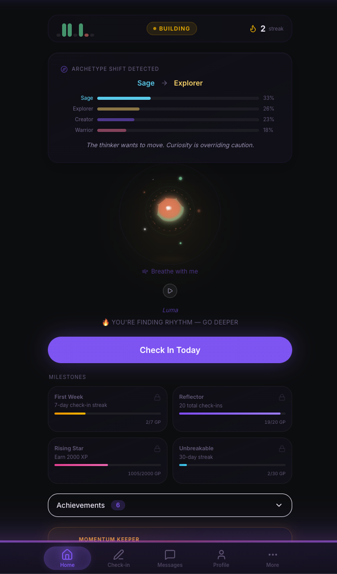 emari -Check-in with archetype detection and XP